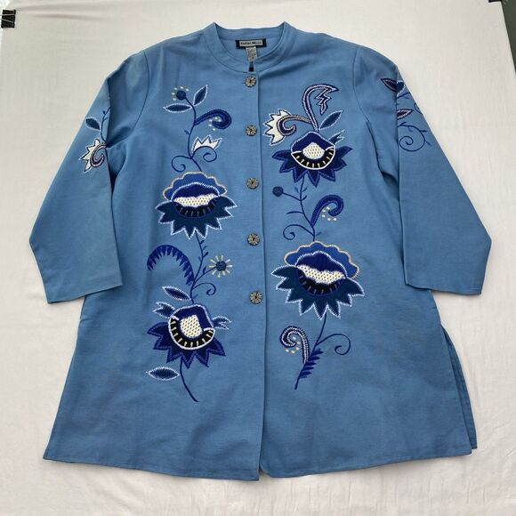 Indigo Moon Jacket Womens 2X Blue Embroidered Flowers Button Front Wearable Art - Picture 1 of 16